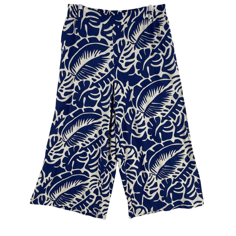 Rose + Olive Resort Womens L Wide Leg Cropped Pants Navy White Leaf Print